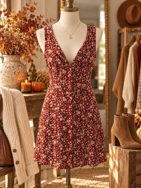 Reformation Rilynn Mini Dress Size 0 Burgundy Floral Button Front V Neck Fall